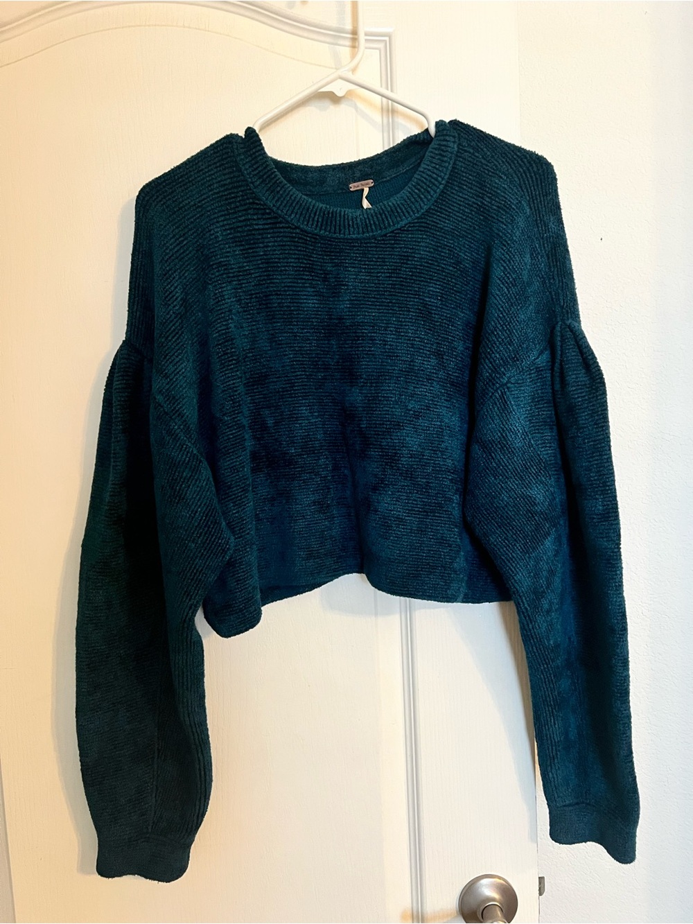 Free People Cropped Chenille Sweater in Teal Green